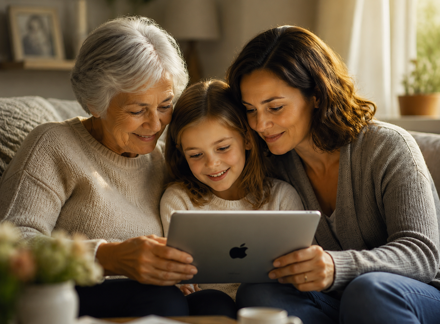 Three generations of a family looking through old photographs together