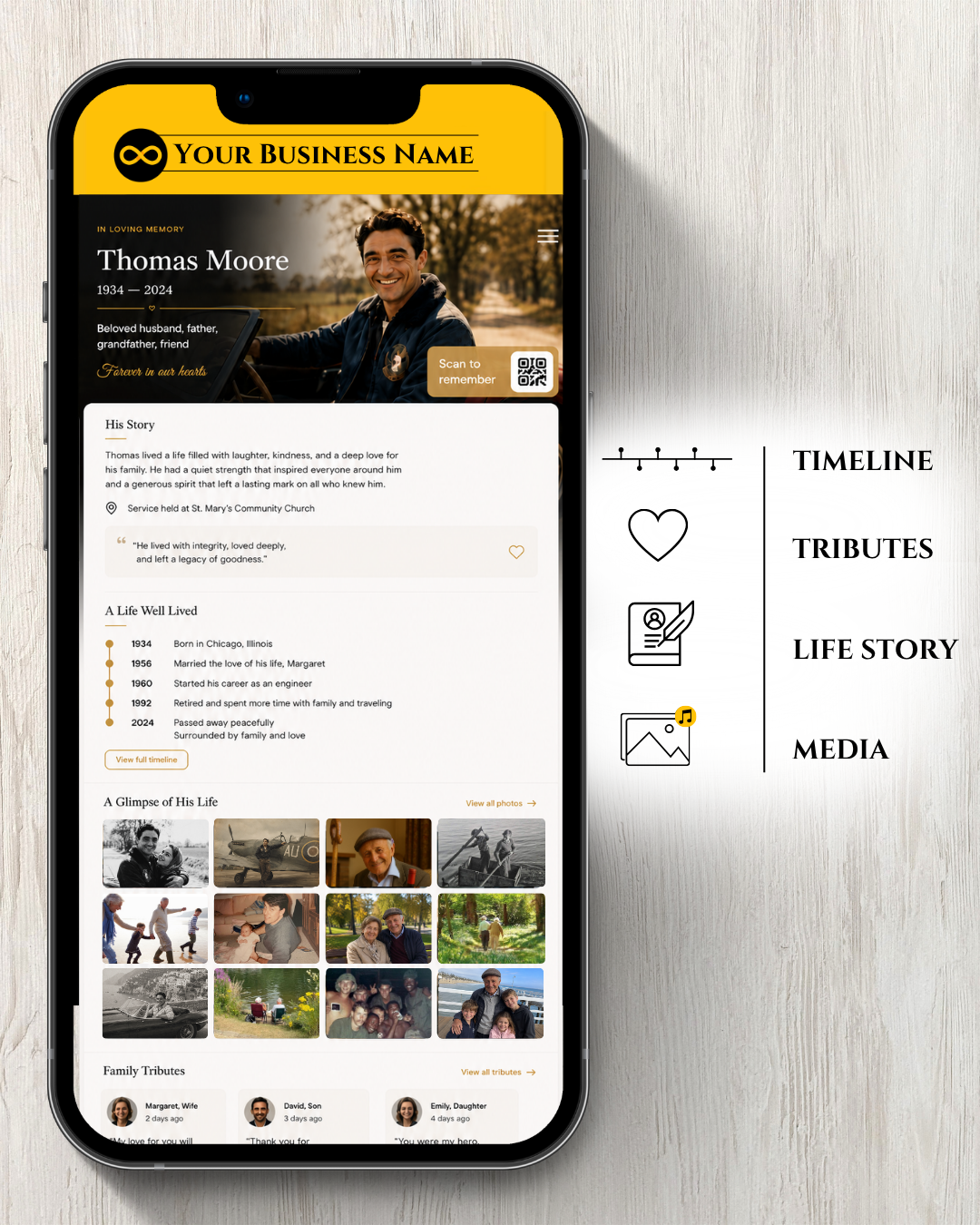 A digital memorial page displayed on a smartphone
