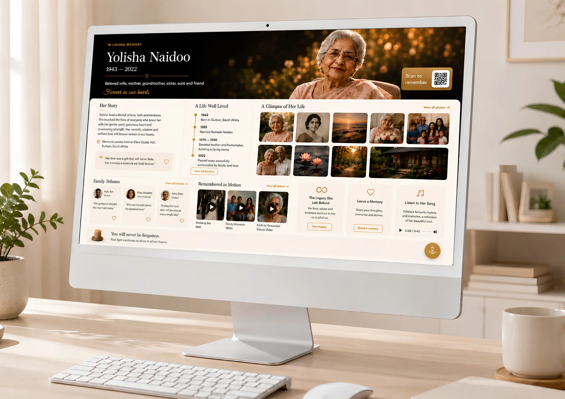 Memorial page displayed on a desktop computer