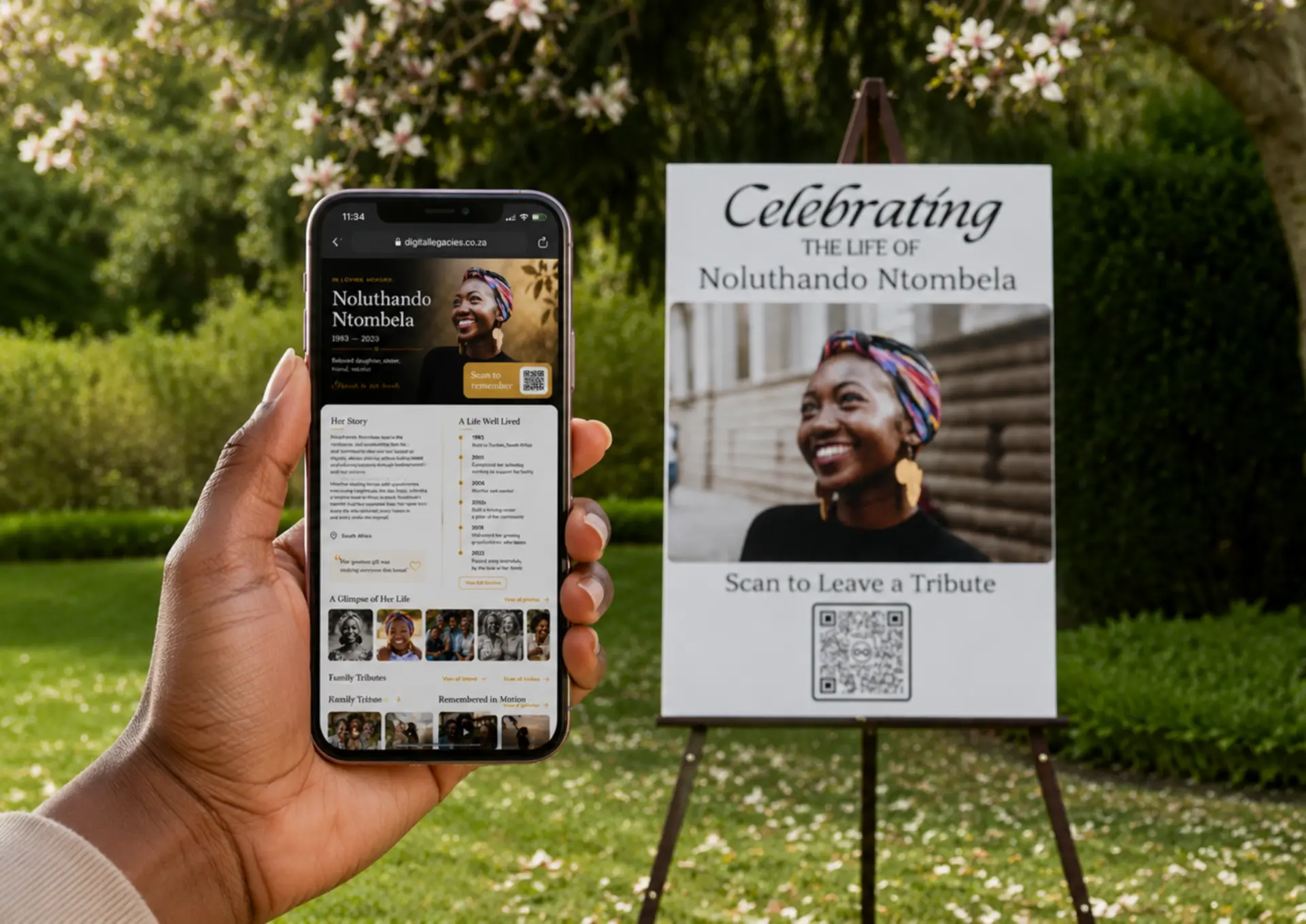 A hand holding a smartphone showing a digital memorial page beside a memorial sign with a QR code